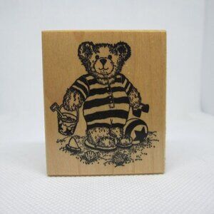 PSX teddy bear in a swimsuit on the beach rubber stamp